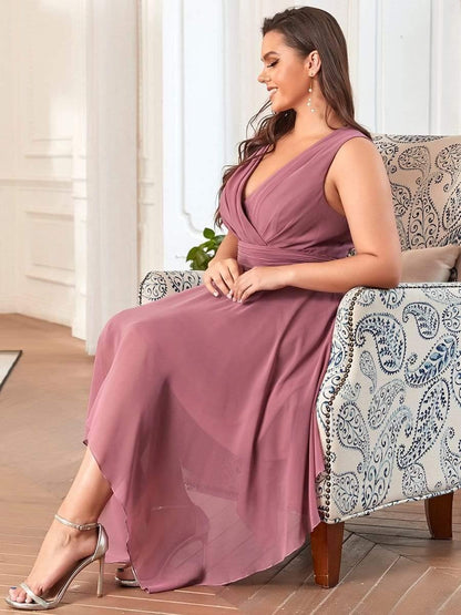 pretty ELORA|Plus Size Double V Neck Ruched-Waist Midi Chiffon Bridesmaid Dress