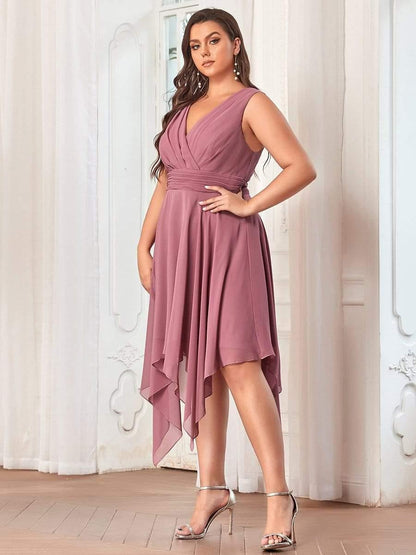 pretty ELORA|Plus Size Double V Neck Ruched-Waist Midi Chiffon Bridesmaid Dress