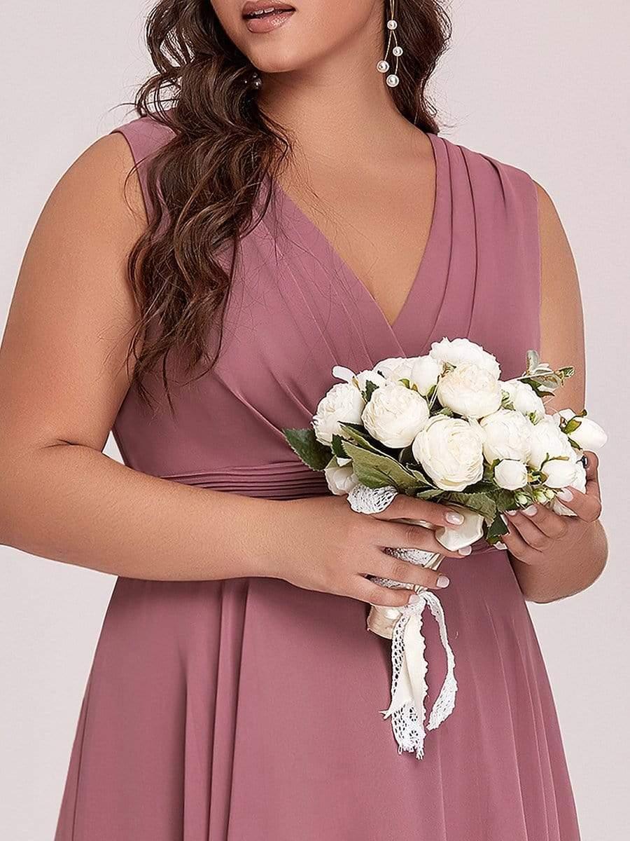 pretty ELORA|Plus Size Double V Neck Ruched-Waist Midi Chiffon Bridesmaid Dress