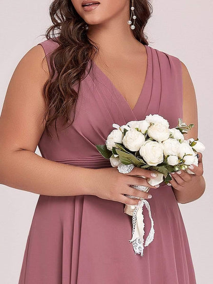 pretty ELORA|Plus Size Double V Neck Ruched-Waist Midi Chiffon Bridesmaid Dress