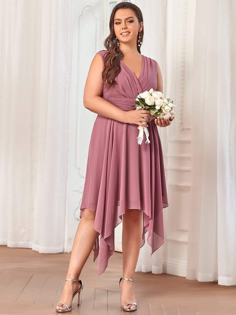 pretty ELORA|Plus Size Double V Neck Ruched-Waist Midi Chiffon Bridesmaid Dress