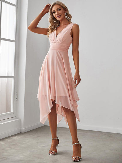 ever ELORA|V Neck Ruched Asymmetrical Hems Midi Chiffon Bridesmaid Dress