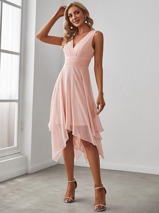 ever ELORA|V Neck Ruched Asymmetrical Hems Midi Chiffon Bridesmaid Dress
