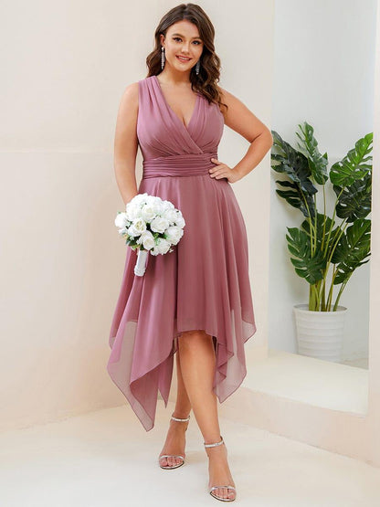 ever ELORA|Chiffon Double V-Neck A Line Bridesmaid Dress with Asymmetrical Hem