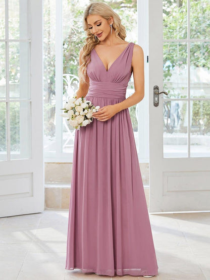 Pleated Sleeveless V-Neck Chiffon Maxi Dress