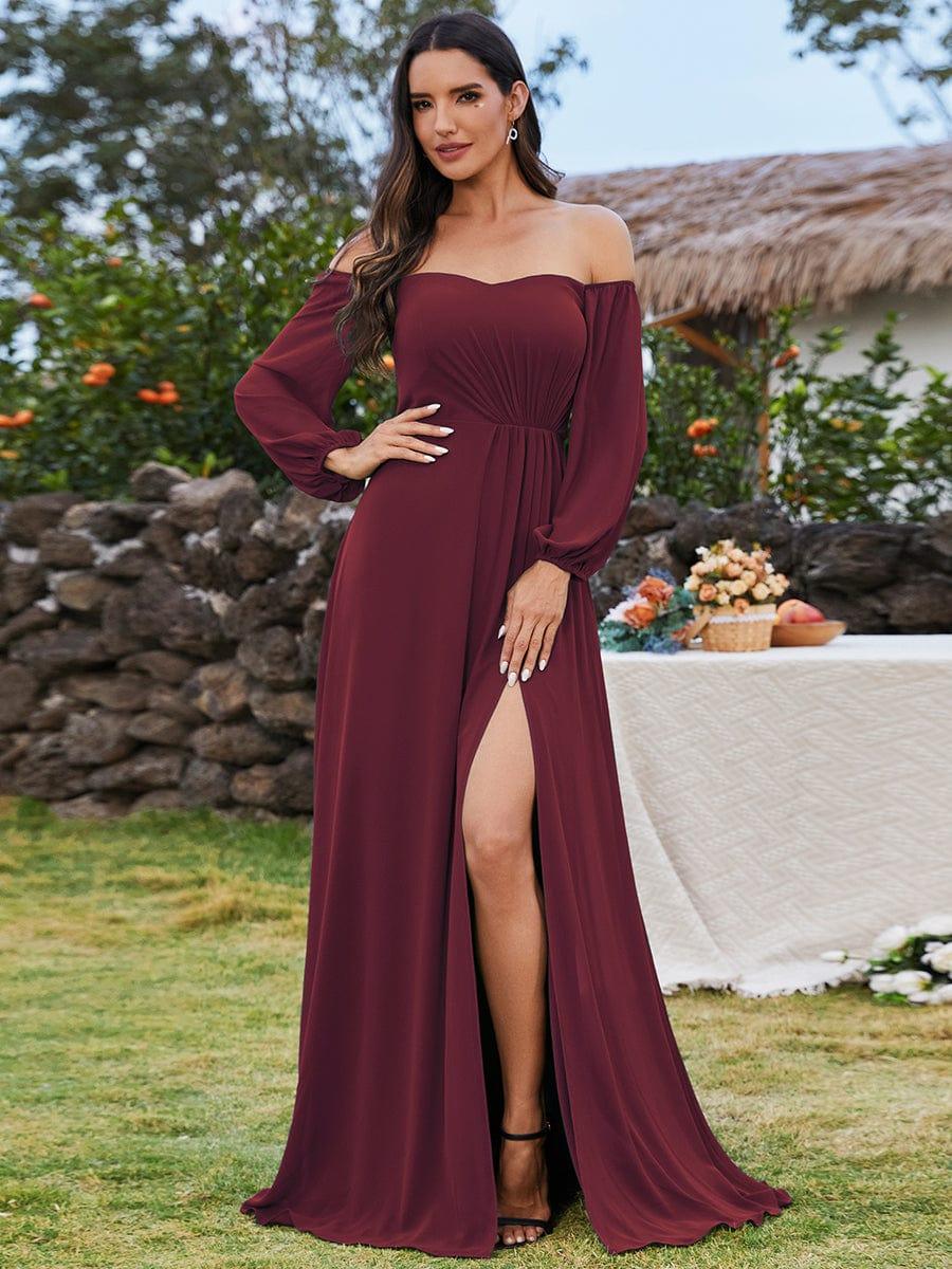 pretty DANICA|Plus Size High-Slit Waist Pleated Bridesmaid Dress with Long Sleeves