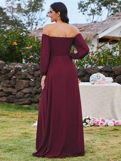 pretty DANICA|Plus Size High-Slit Waist Pleated Bridesmaid Dress with Long Sleeves