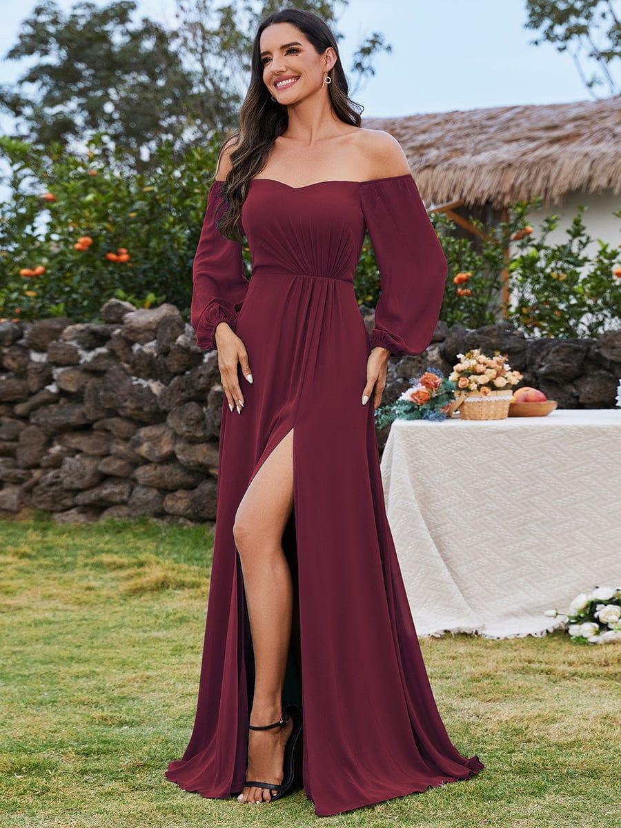 pretty DANICA|Plus Size High-Slit Waist Pleated Bridesmaid Dress with Long Sleeves