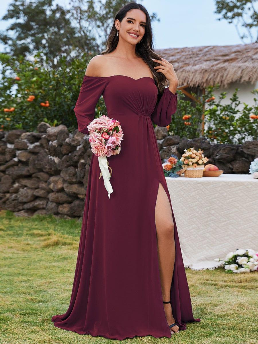 pretty DANICA|Plus Size High-Slit Waist Pleated Bridesmaid Dress with Long Sleeves
