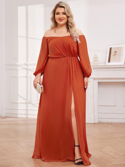 pretty DANICA|Plus Size High-Slit Waist Pleated Bridesmaid Dress with Long Sleeves