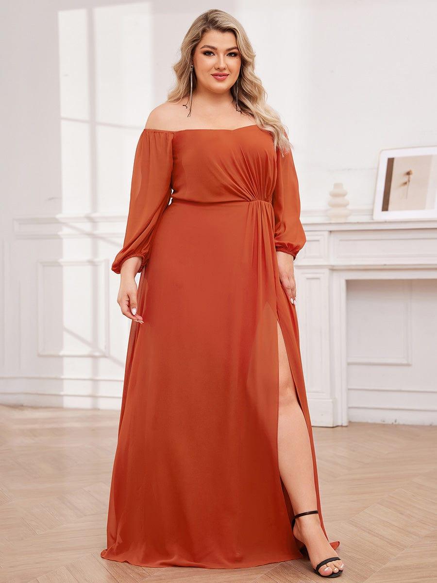pretty DANICA|Plus Size High-Slit Waist Pleated Bridesmaid Dress with Long Sleeves