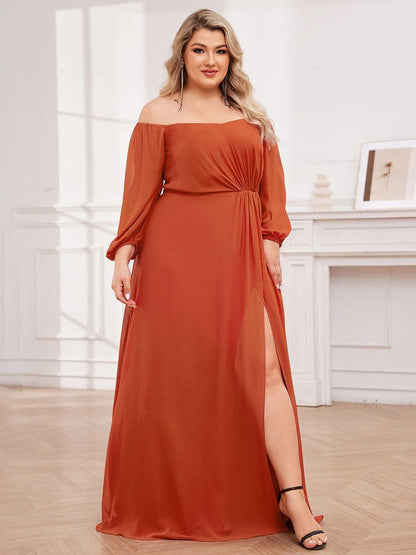 pretty DANICA|Plus Size High-Slit Waist Pleated Bridesmaid Dress with Long Sleeves