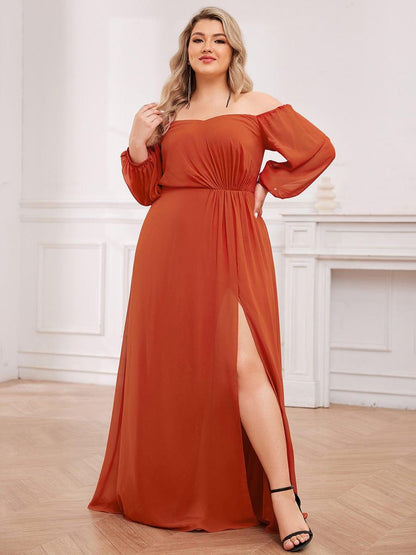 pretty DANICA|Plus Size High-Slit Waist Pleated Bridesmaid Dress with Long Sleeves