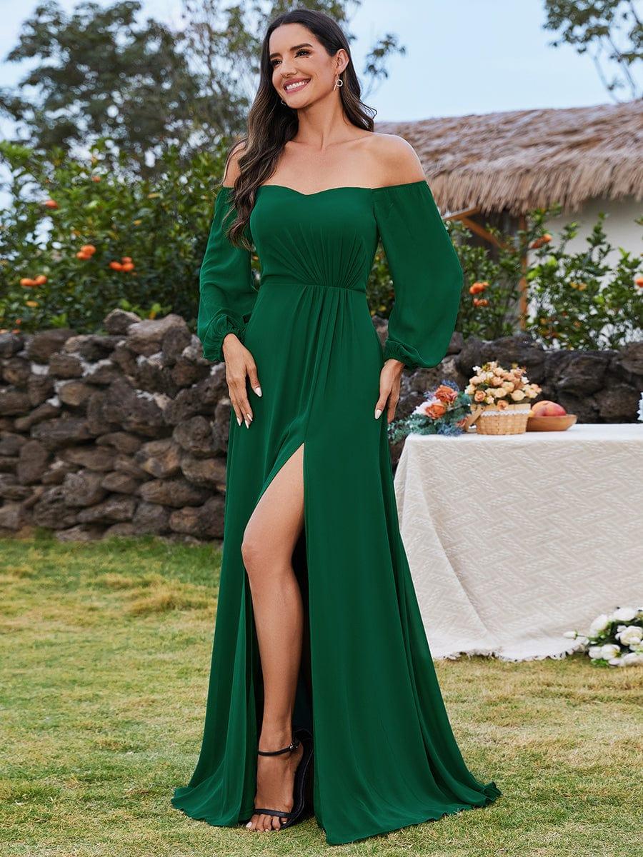 pretty DANICA|Plus Size High-Slit Waist Pleated Bridesmaid Dress with Long Sleeves