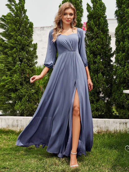 pretty DANICA|Plus Size High-Slit Waist Pleated Bridesmaid Dress with Long Sleeves