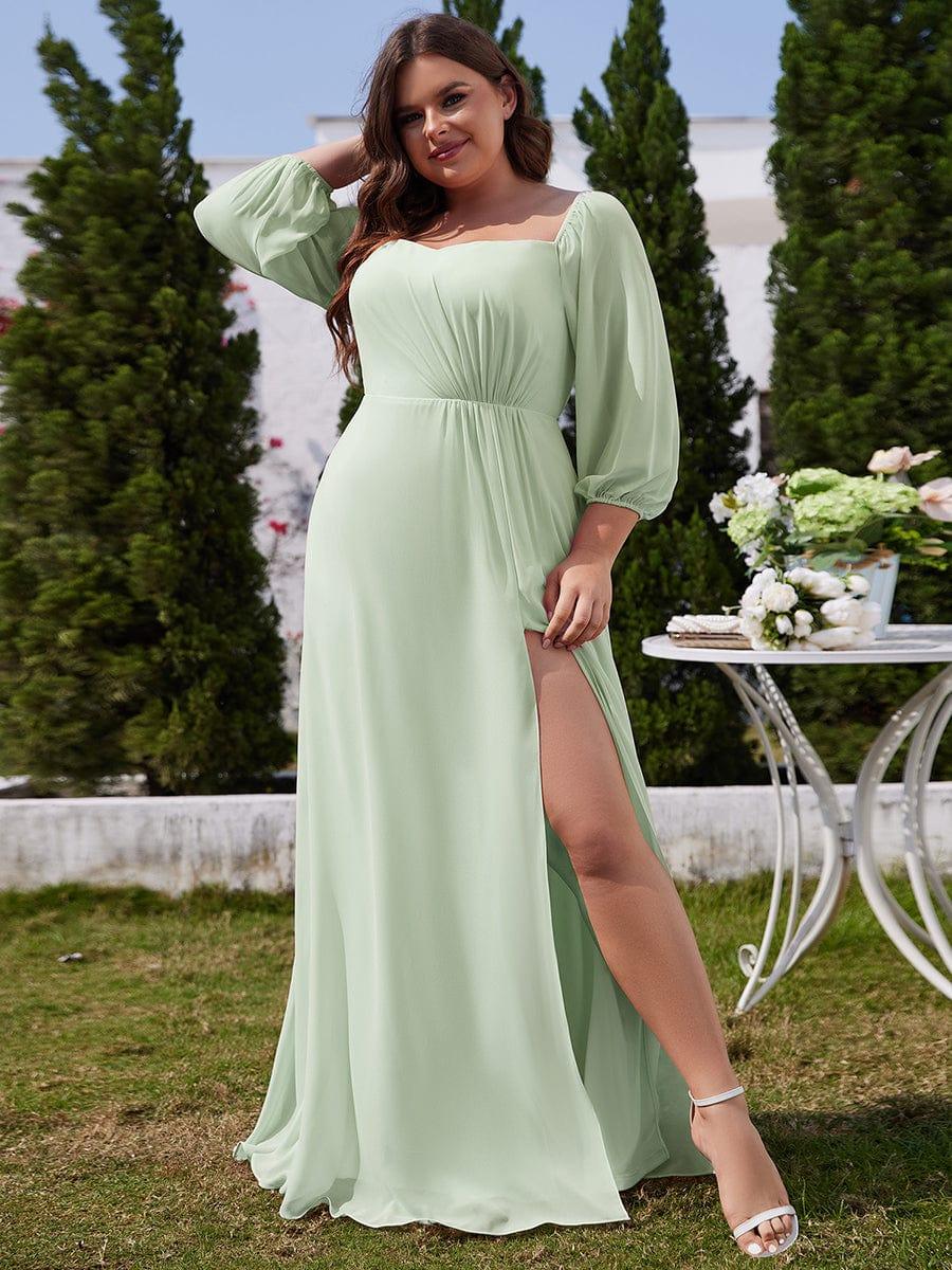 pretty DANICA|Plus Size High-Slit Waist Pleated Bridesmaid Dress with Long Sleeves