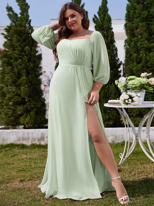 pretty DANICA|Plus Size High-Slit Waist Pleated Bridesmaid Dress with Long Sleeves