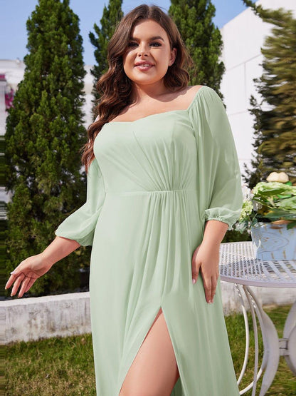 pretty DANICA|Plus Size High-Slit Waist Pleated Bridesmaid Dress with Long Sleeves