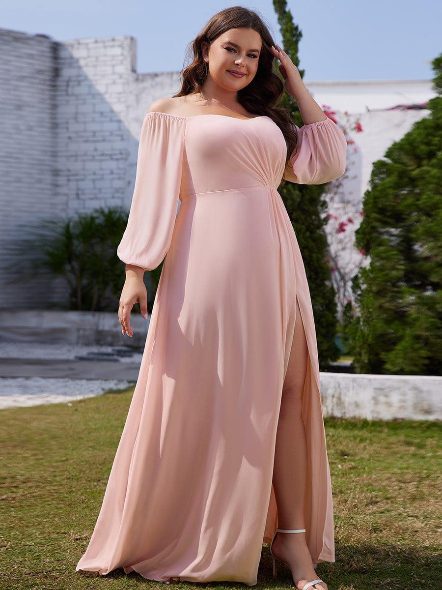 pretty DANICA|Plus Size High-Slit Waist Pleated Bridesmaid Dress with Long Sleeves
