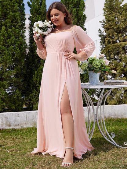 pretty DANICA|Plus Size High-Slit Waist Pleated Bridesmaid Dress with Long Sleeves