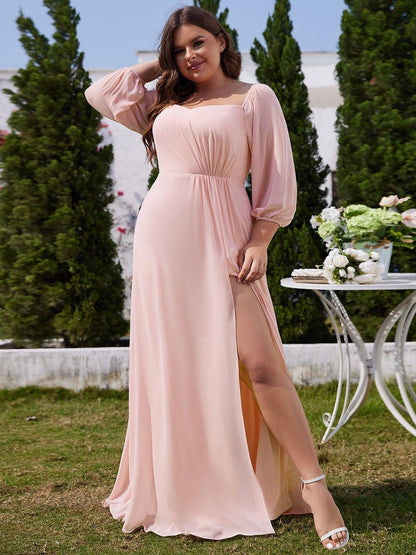 pretty DANICA|Plus Size High-Slit Waist Pleated Bridesmaid Dress with Long Sleeves