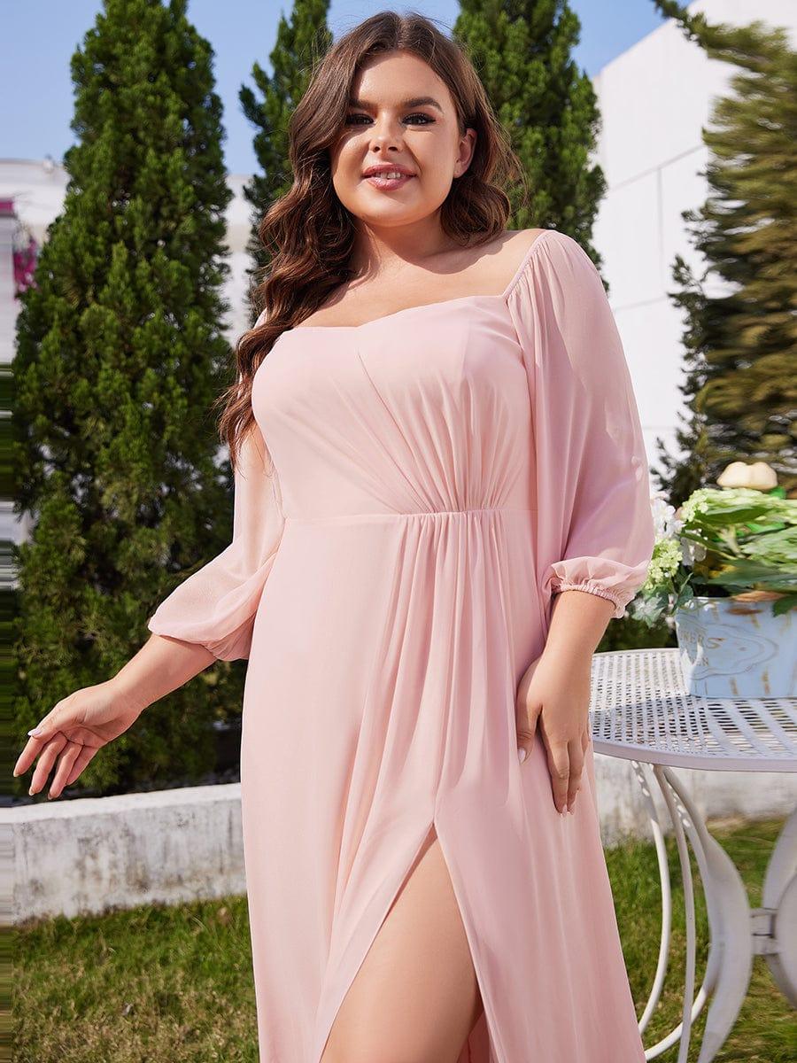 pretty DANICA|Plus Size High-Slit Waist Pleated Bridesmaid Dress with Long Sleeves