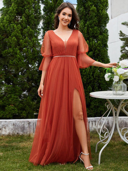 ever HEIDY|Lantern 3/4 Sleeve Split Maxi Bridesmaid Dresses