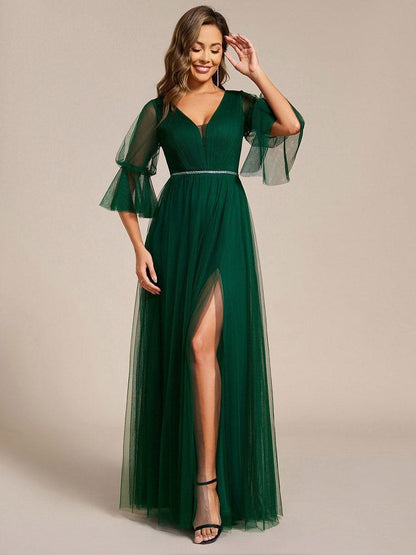 ever HEIDY|Lantern 3/4 Sleeve Split Maxi Bridesmaid Dresses