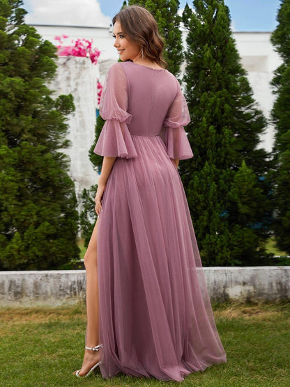 ever HEIDY|Lantern 3/4 Sleeve Split Maxi Bridesmaid Dresses