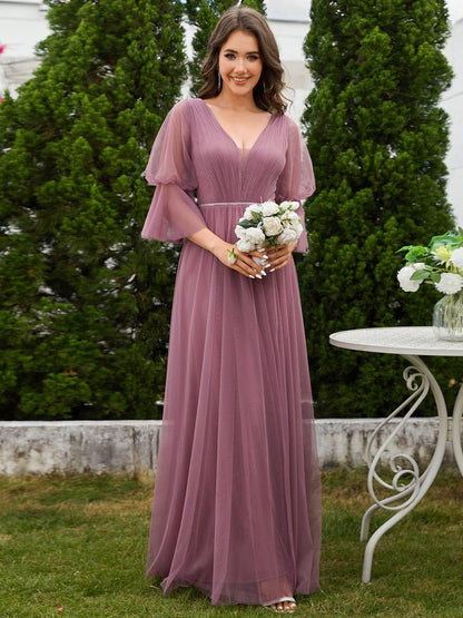 ever HEIDY|Lantern 3/4 Sleeve Split Maxi Bridesmaid Dresses