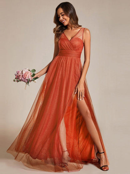ever NIA|Glittering High Slit Sleeveless Bridesmaid Dress with Empire Waist