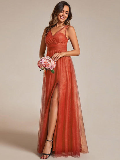 ever NIA|Glittering High Slit Sleeveless Bridesmaid Dress with Empire Waist