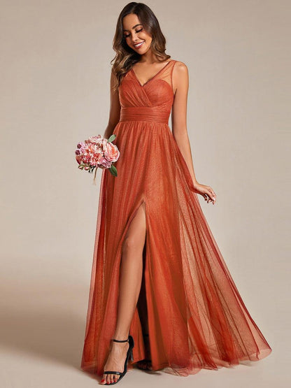 ever NIA|Glittering High Slit Sleeveless Bridesmaid Dress with Empire Waist