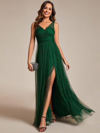 ever NIA|Glittering High Slit Sleeveless Bridesmaid Dress with Empire Waist