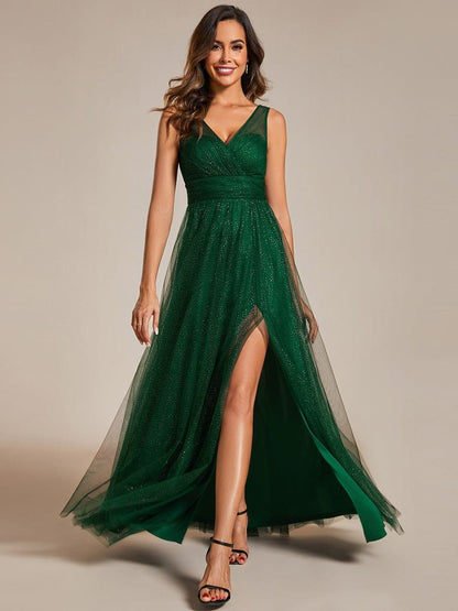 ever NIA|Glittering High Slit Sleeveless Bridesmaid Dress with Empire Waist