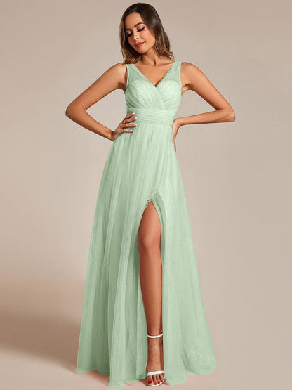 ever NIA|Glittering High Slit Sleeveless Bridesmaid Dress with Empire Waist