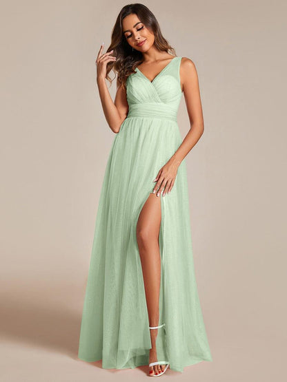 ever NIA|Glittering High Slit Sleeveless Bridesmaid Dress with Empire Waist