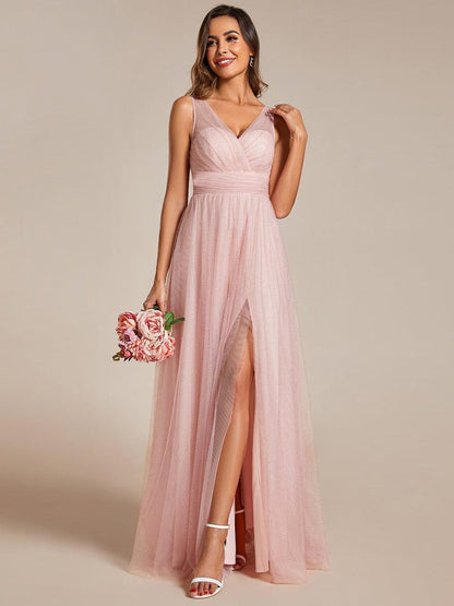 ever NIA|Glittering High Slit Sleeveless Bridesmaid Dress with Empire Waist