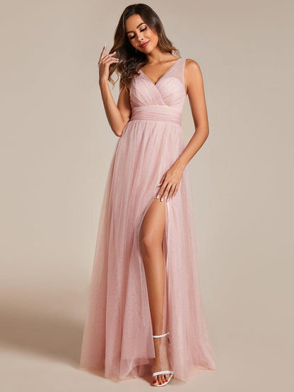 ever NIA|Glittering High Slit Sleeveless Bridesmaid Dress with Empire Waist