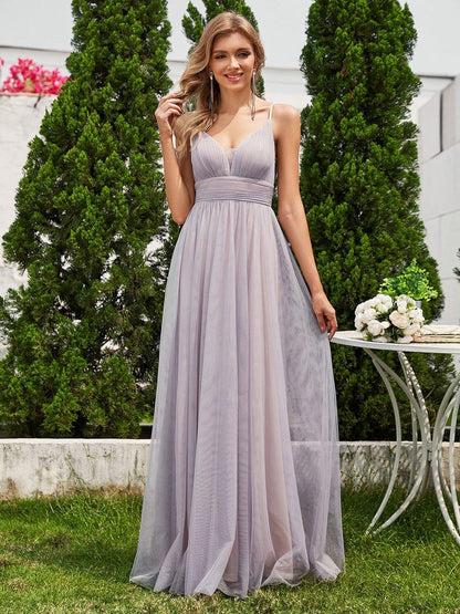 ever CARTER|High-Waisted Backless See-Through Tulle Bridesmaid Dress with V-Neck