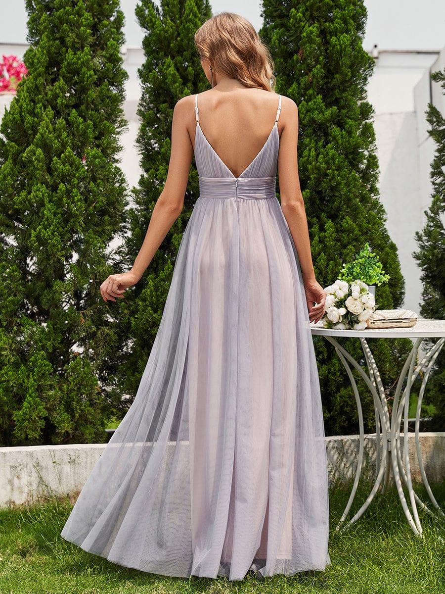 ever CARTER|High-Waisted Backless See-Through Tulle Bridesmaid Dress with V-Neck