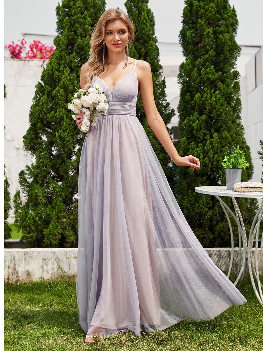 ever CARTER|High-Waisted Backless See-Through Tulle Bridesmaid Dress with V-Neck