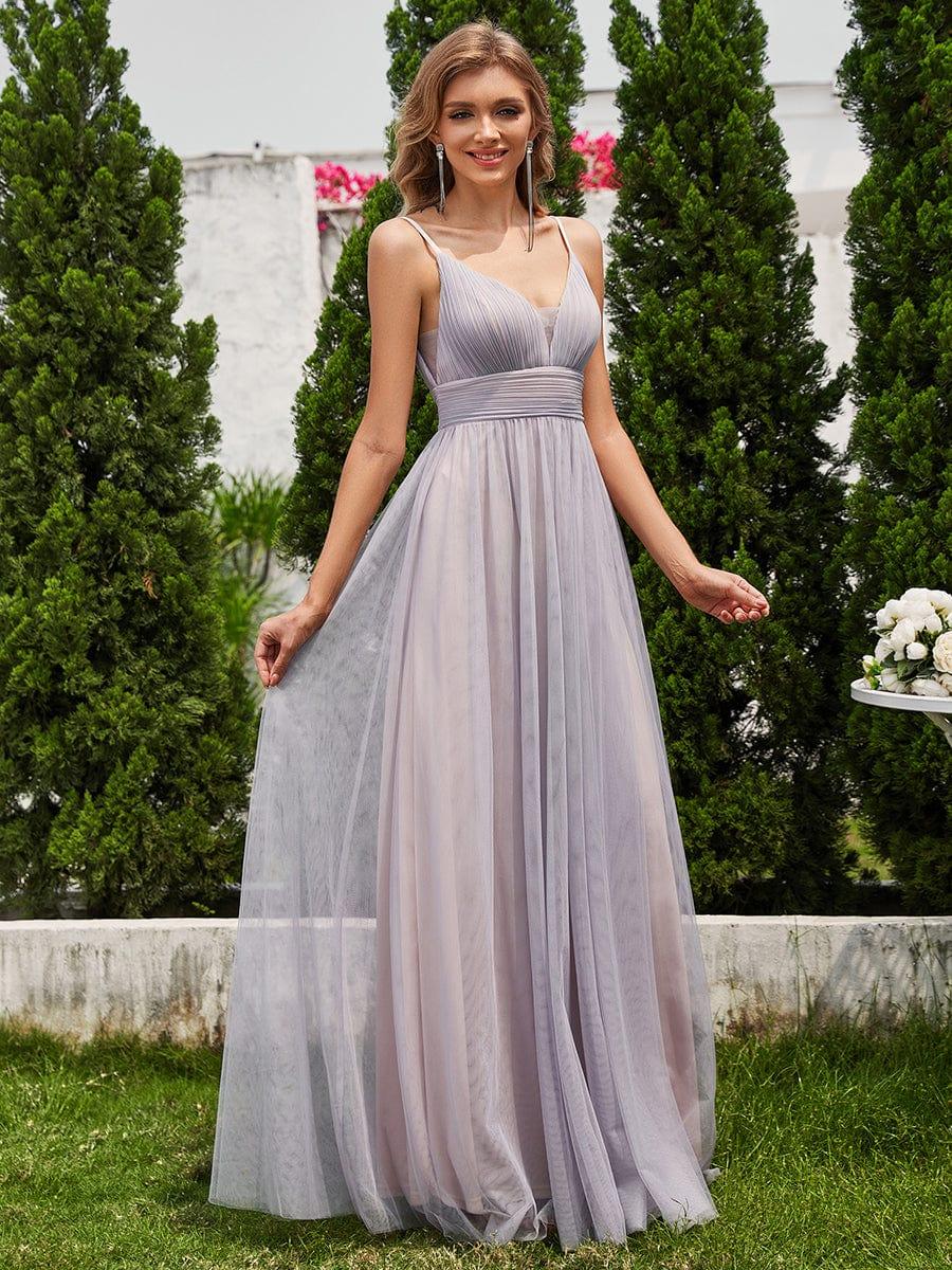 ever CARTER|High-Waisted Backless See-Through Tulle Bridesmaid Dress with V-Neck