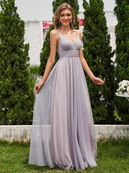 ever CARTER|High-Waisted Backless See-Through Tulle Bridesmaid Dress with V-Neck