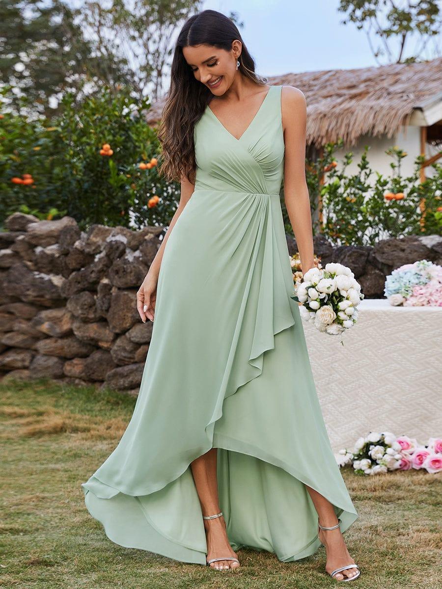 ever CARMEL|Chic High-Low V-Neck Chiffon Bridesmaid Dress with Front Pleating
