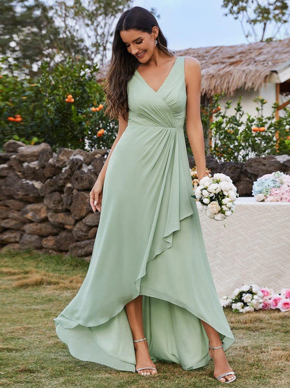 ever CARMEL|Chic High-Low V-Neck Chiffon Bridesmaid Dress with Front Pleating