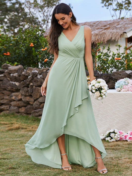 ever CARMEL|Chic High-Low V-Neck Chiffon Bridesmaid Dress with Front Pleating