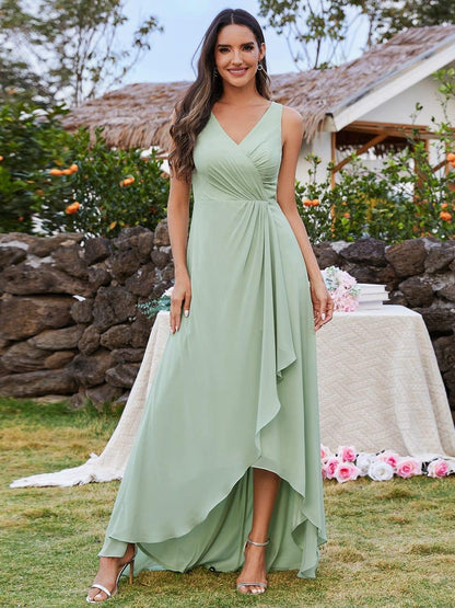 ever CARMEL|Chic High-Low V-Neck Chiffon Bridesmaid Dress with Front Pleating
