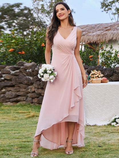 ever CARMEL|Chic High-Low V-Neck Chiffon Bridesmaid Dress with Front Pleating