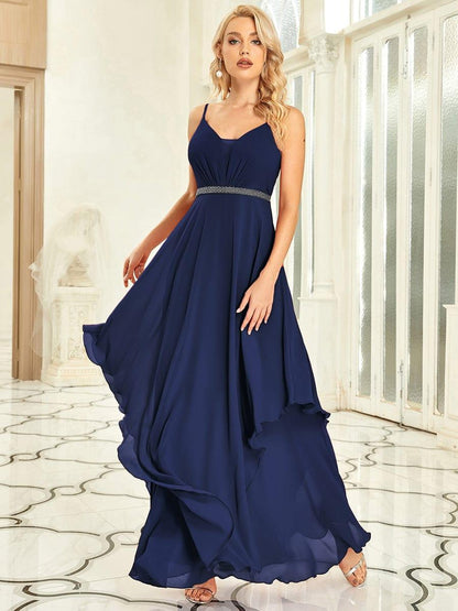 ever CLEMENT|Ruffle Hem and Pearl Waist Detail V-Neck Backless Chiffon Bridesmaid Dress